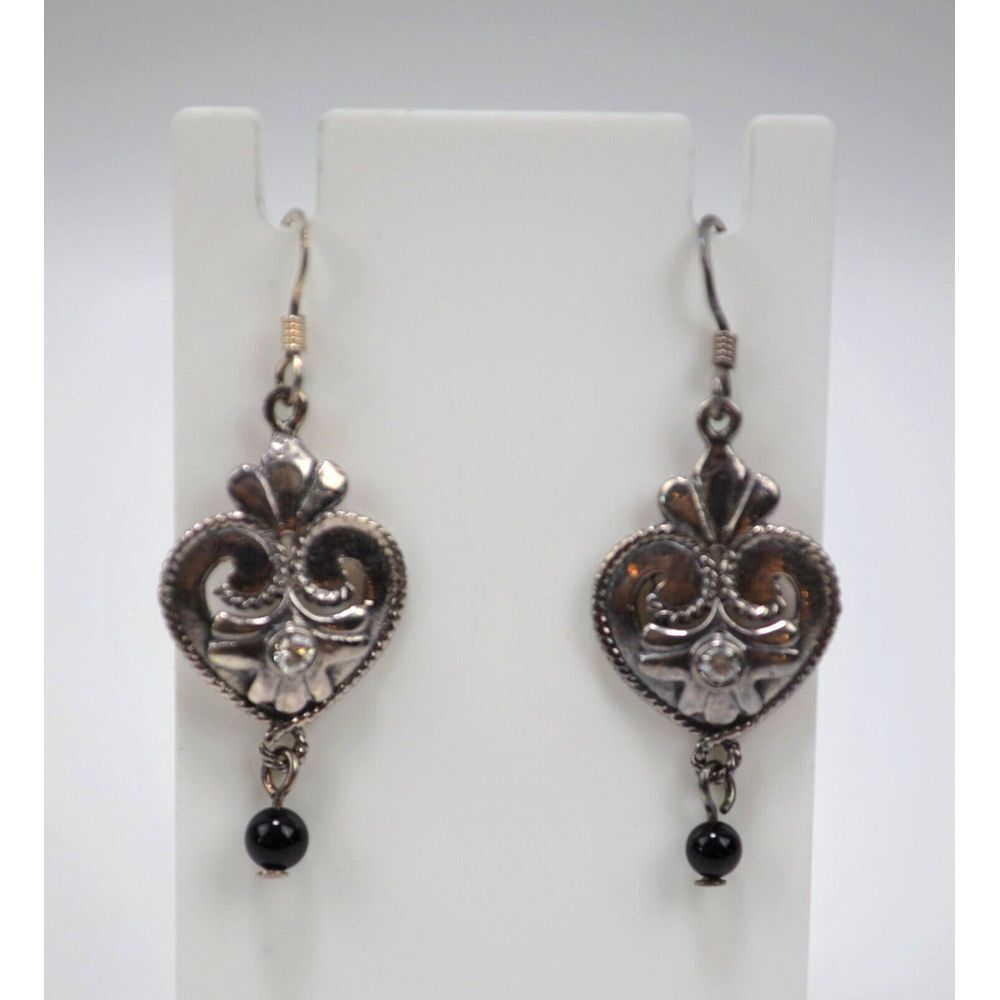 Vtg MC 925 Sterling Pierced Dangle Earrings Silver w/ Rhinestone & Black Bead